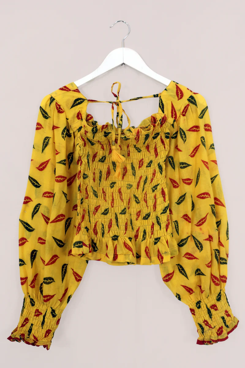 Pearl Top - Vintage Indian Cotton - Sunshine Yellow Feathers - Size XS - Image 3