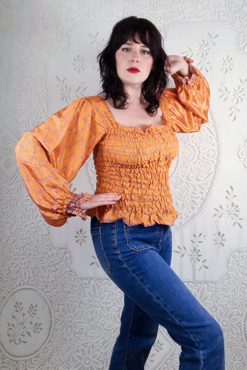 Pearl Top - Papaya Orange & Violet Tile Print - Vintage Indian Sari - S/M