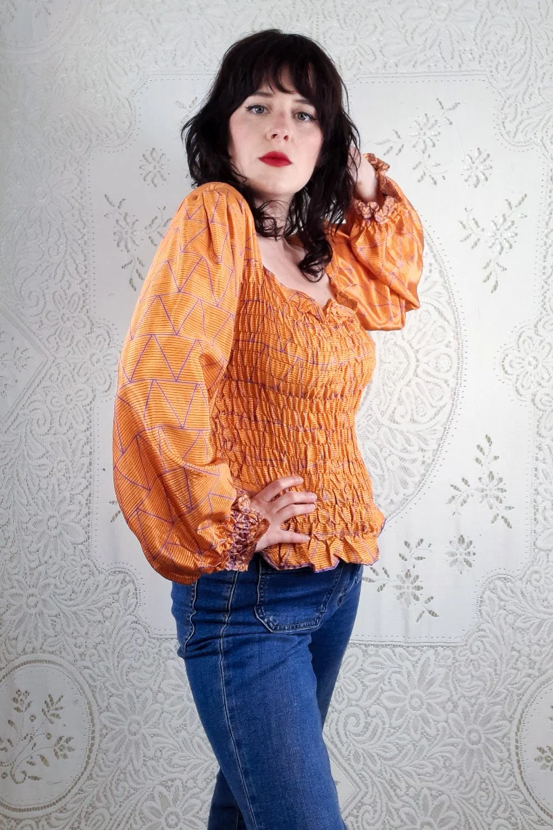 Pearl Top - Papaya Orange & Violet Tile Print - Vintage Indian Sari - S/M - Image 2