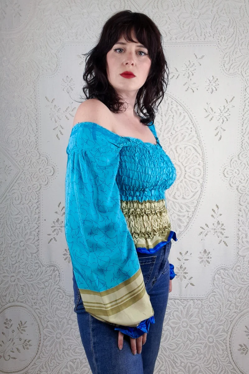 Pearl Top - Turquoise & Sandstone Stripe - Vintage Indian Sari - M/L - Image 3