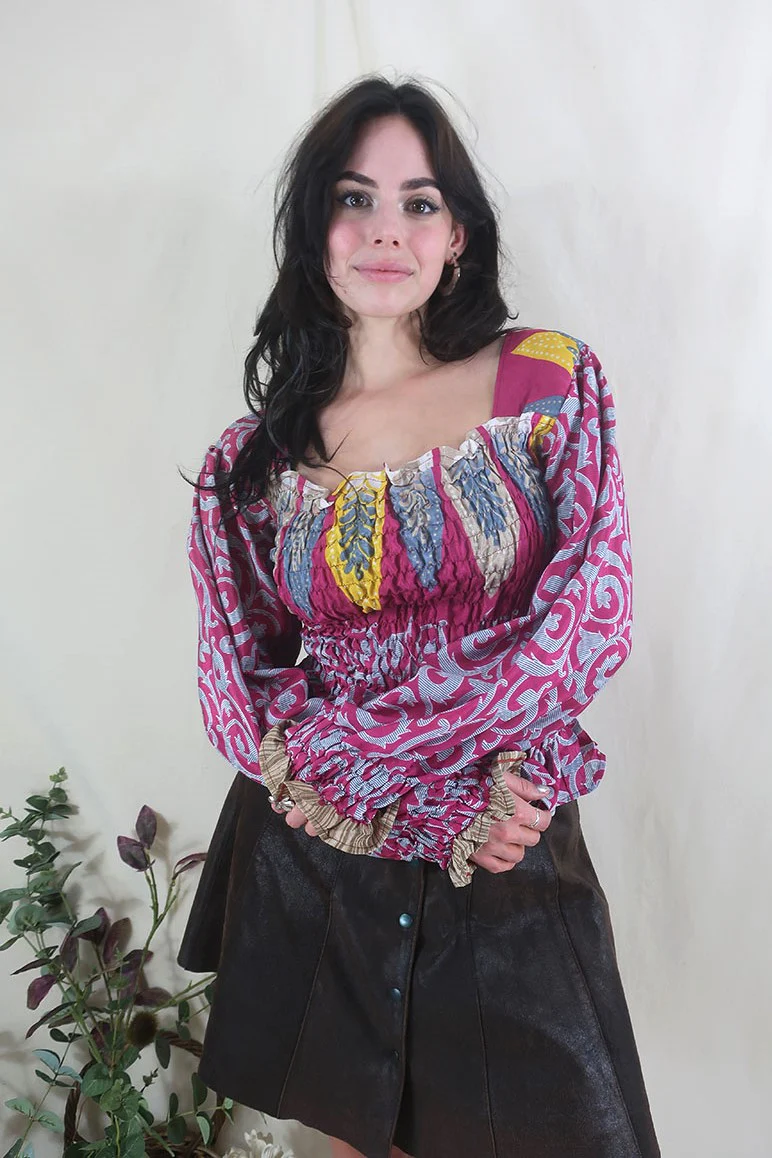 Pearl Top - Vintage Sari - Candy Pink & Stone Vines - S - M/L