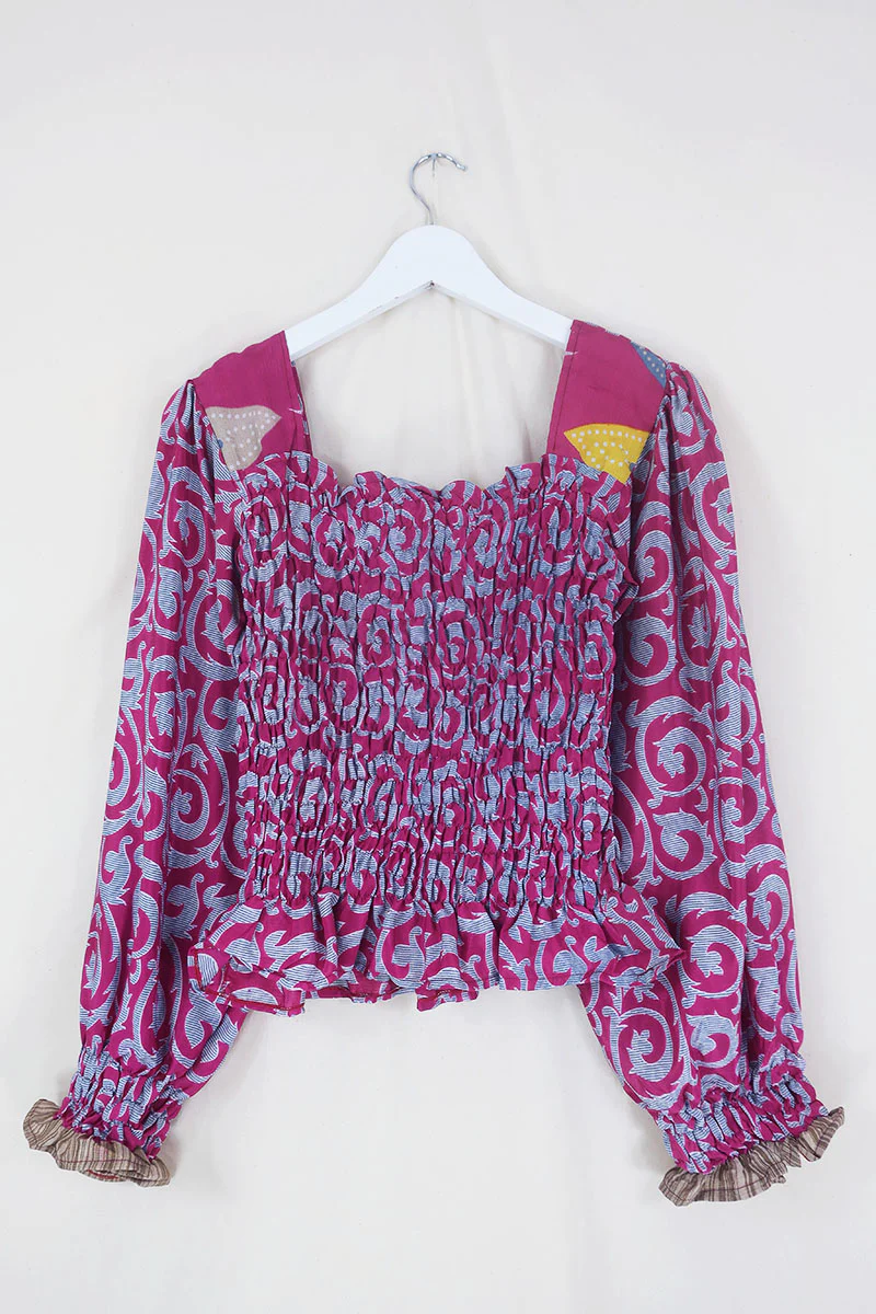 Pearl Top - Vintage Sari - Candy Pink & Stone Vines - S - M/L - Image 4
