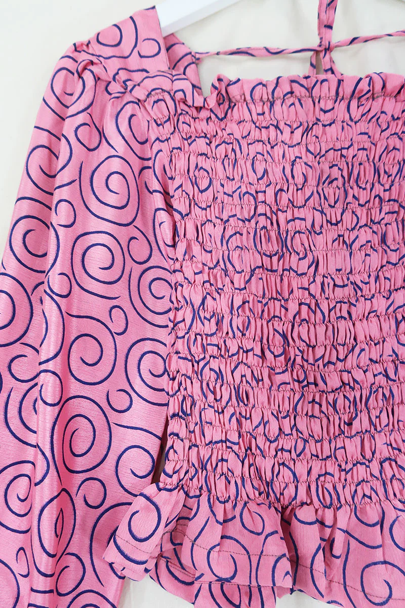 Pearl Top - Vintage Sari - Cherry Pink Swirls - XS - S - Image 3