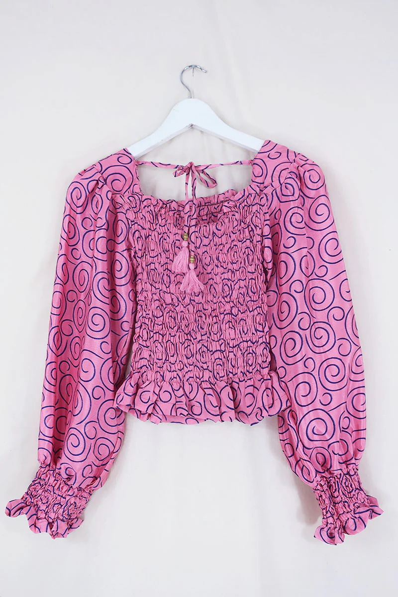 Pearl Top - Vintage Sari - Cherry Pink Swirls - XS - S - Image 4