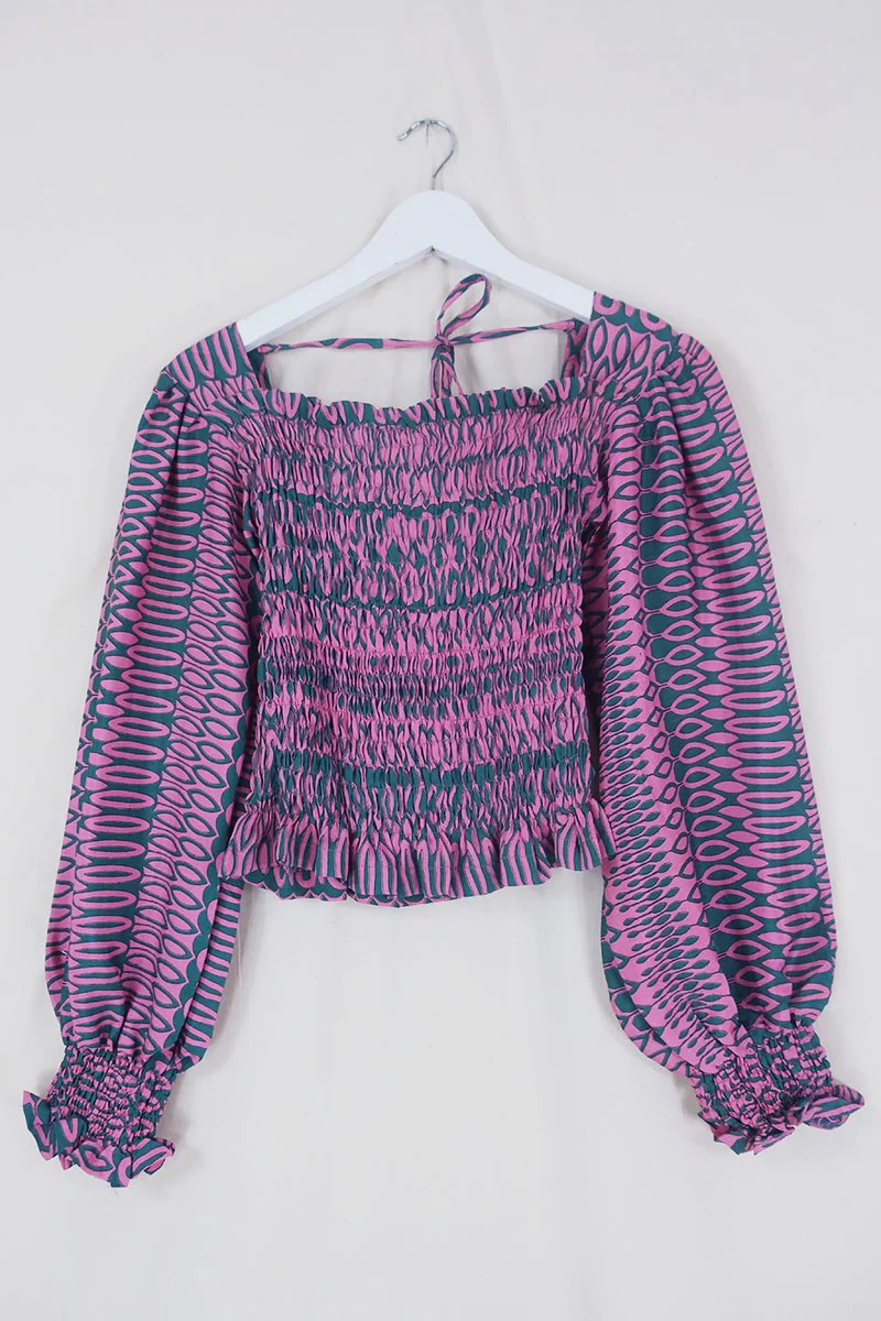 Pearl Top - Vintage Sari - Rosehip Pink & Jade Tile Print - XS - S - Image 2