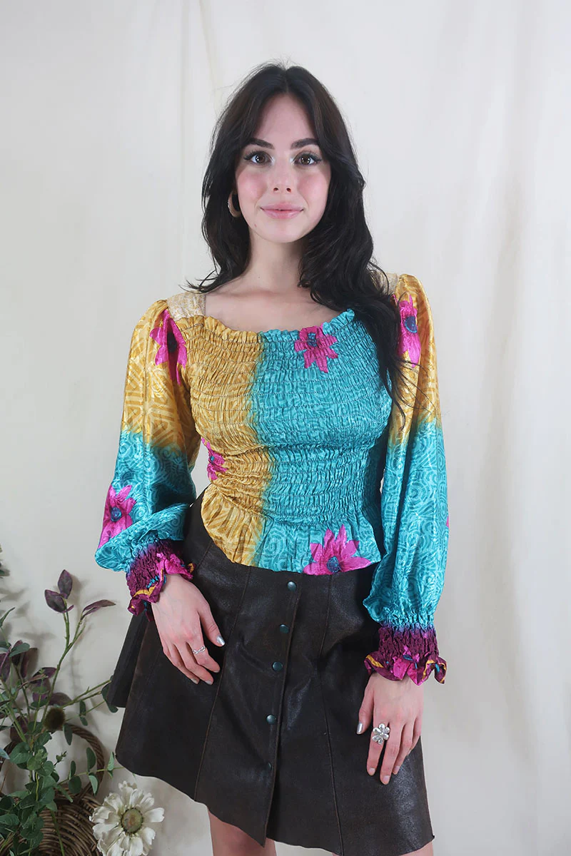 Pearl Top - Vintage Sari - Sunset Patchwork Floral - XS - S