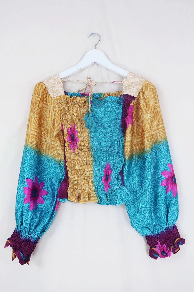 Pearl Top - Vintage Sari - Sunset Patchwork Floral - XS - S - Image 4