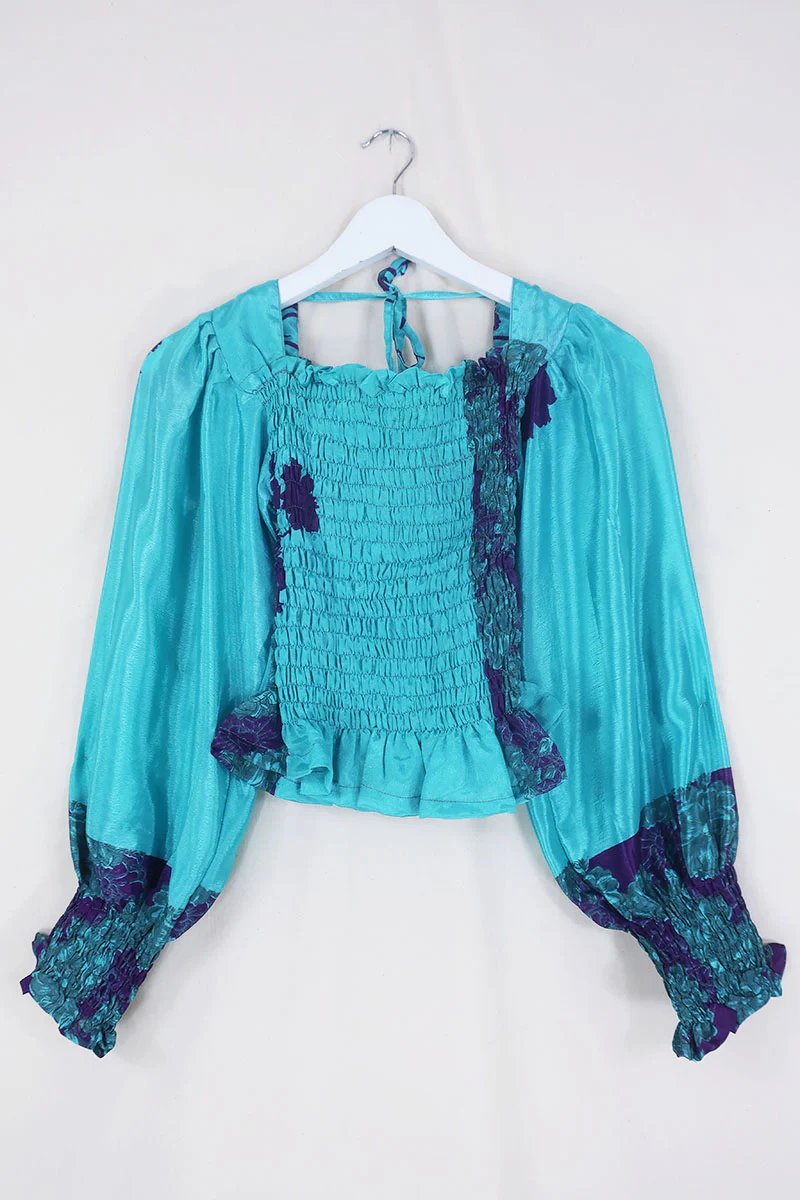 Pearl Top - Vintage Sari - Soft Turquoise & Violet Floral - XS - S - Image 2