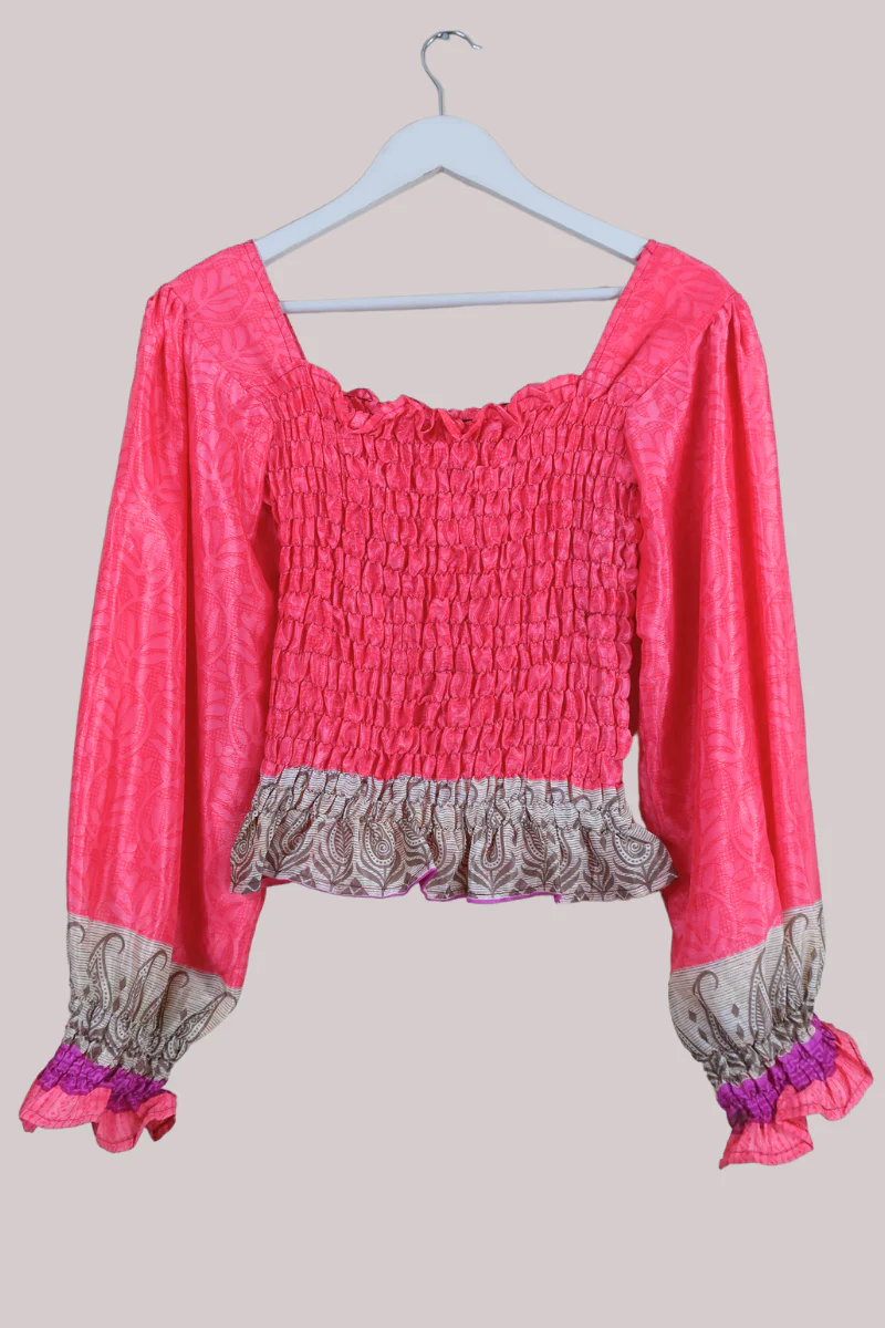 Pearl Vintage Sari Top - Vibrant Rose Pink - Free Size - Image 3