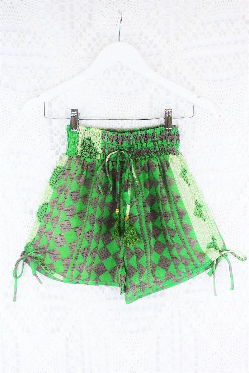 Pippa Shorts - Mauve & Spring Green Diamonds - Vintage Indian Sari - S
