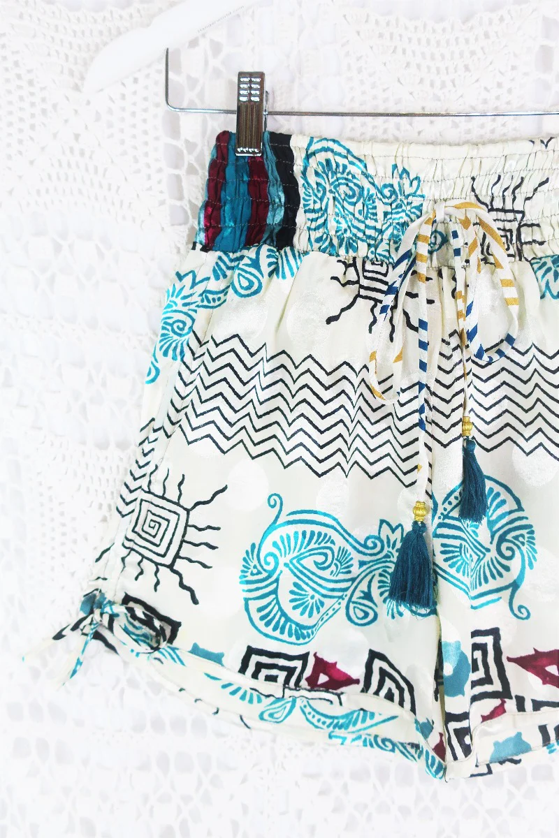 Pippa Shorts - Snow & Teal Shimmer - Vintage Indian Sari - S - Image 2