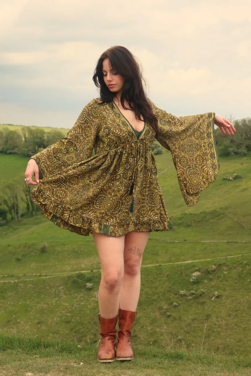 Pixie Babydoll Mini Dress in Coltrane Green Mandala - Image 5