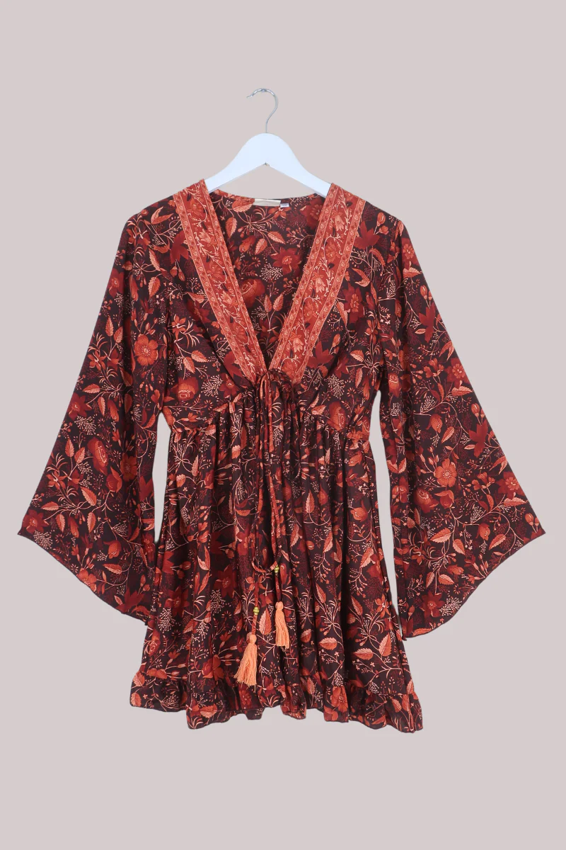Pixie Folklore Floral Babydoll Mini Dress in Cedar Red - Image 2