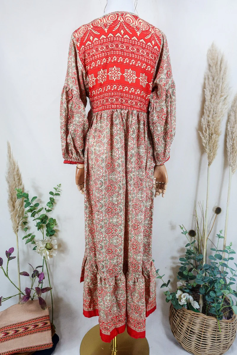 Poppy Smock Dress - Vintage Sari - Strawberry & Sage Green Paisley Floral - XS - Image 3
