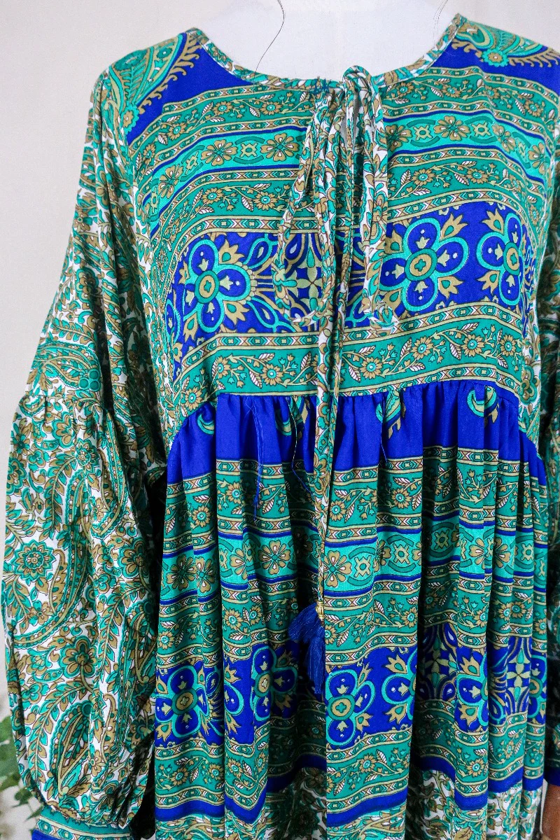 Poppy Smock Dress - Vintage Sari - Juniper & Azure Blue Jacquard - Image 2