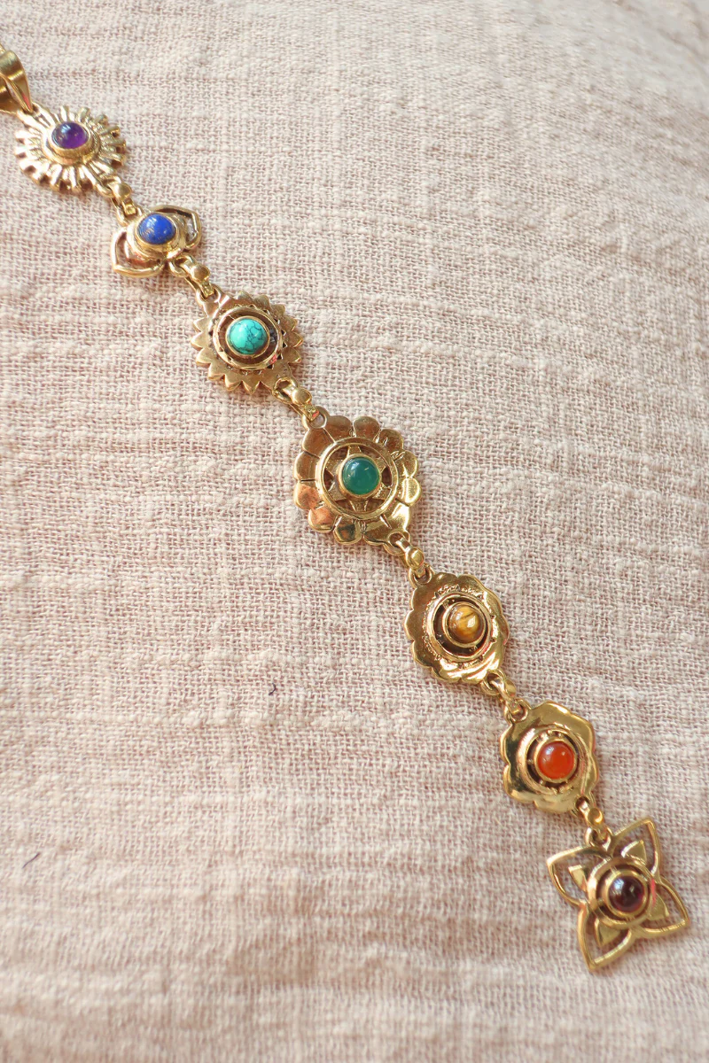 Precious Stones Chakra Flower Drop Pendant Necklace in Gold - Image 2