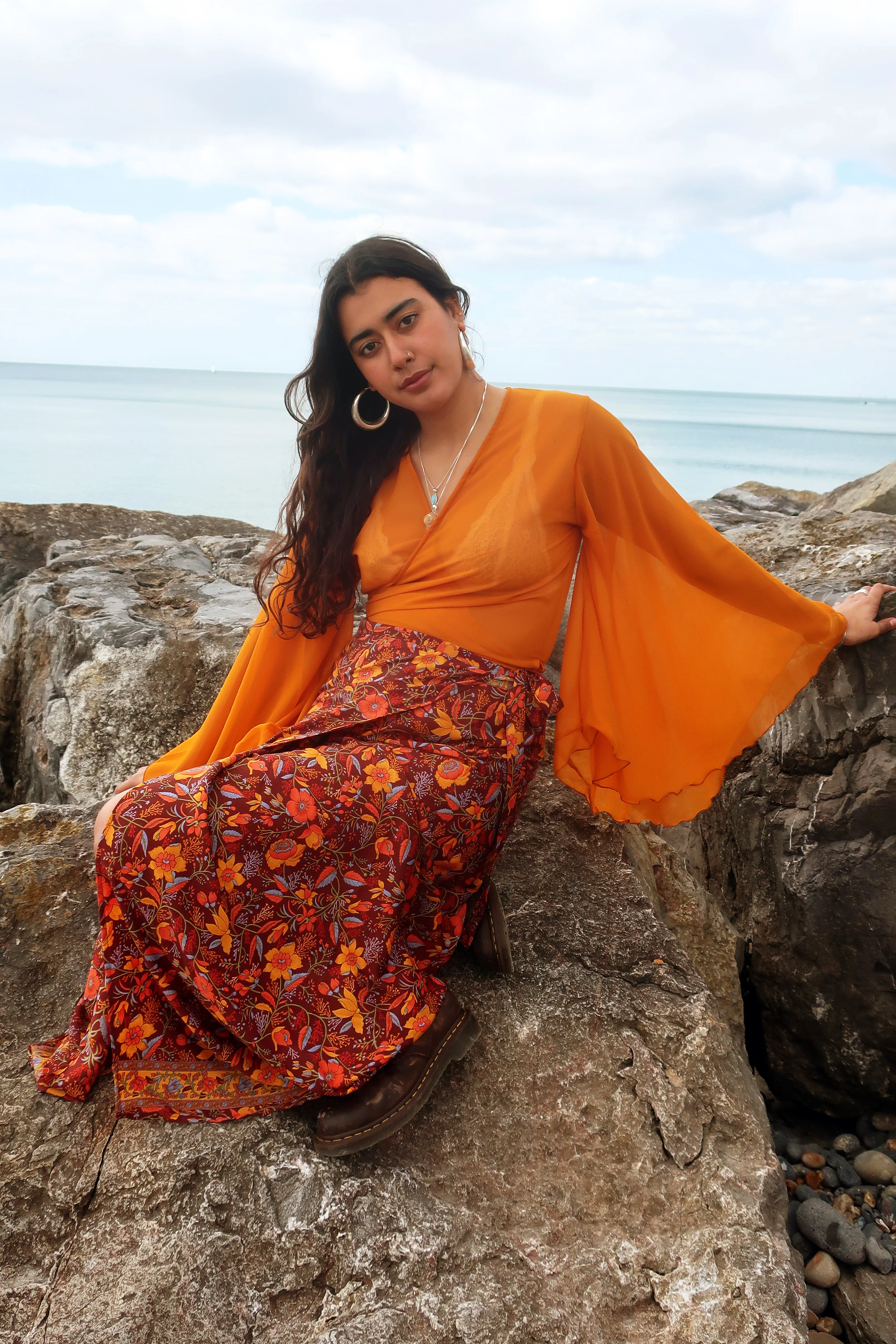 River Folklore Floral Wrap Skirt in Mahogany Brown - Image 3