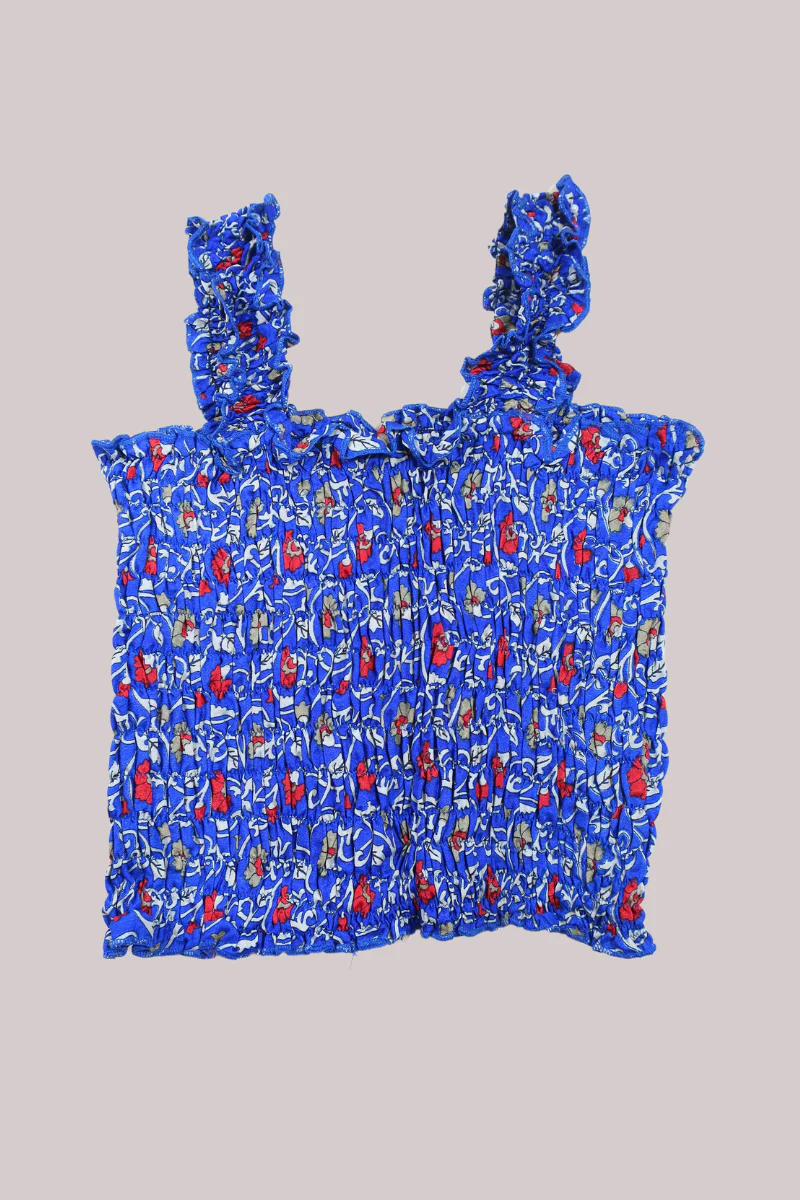 Rosa Vintage Sari Ruched Top - Cobalt Victorian Floral - Free Size