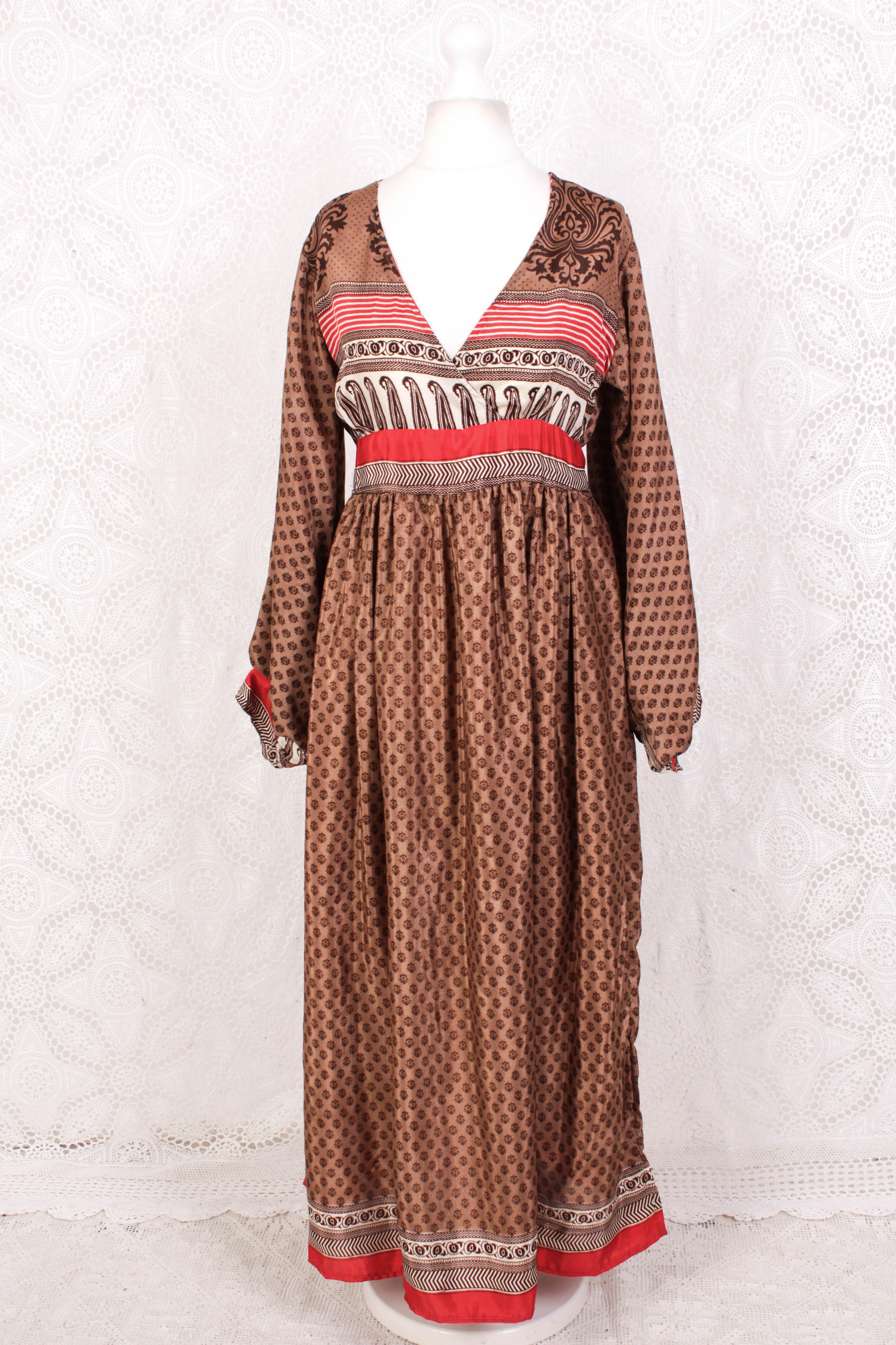Rosemary Maxi Dress - Vintage Indian Sari - Hazelnut & Red Floral Paisley - S/M - Image 2