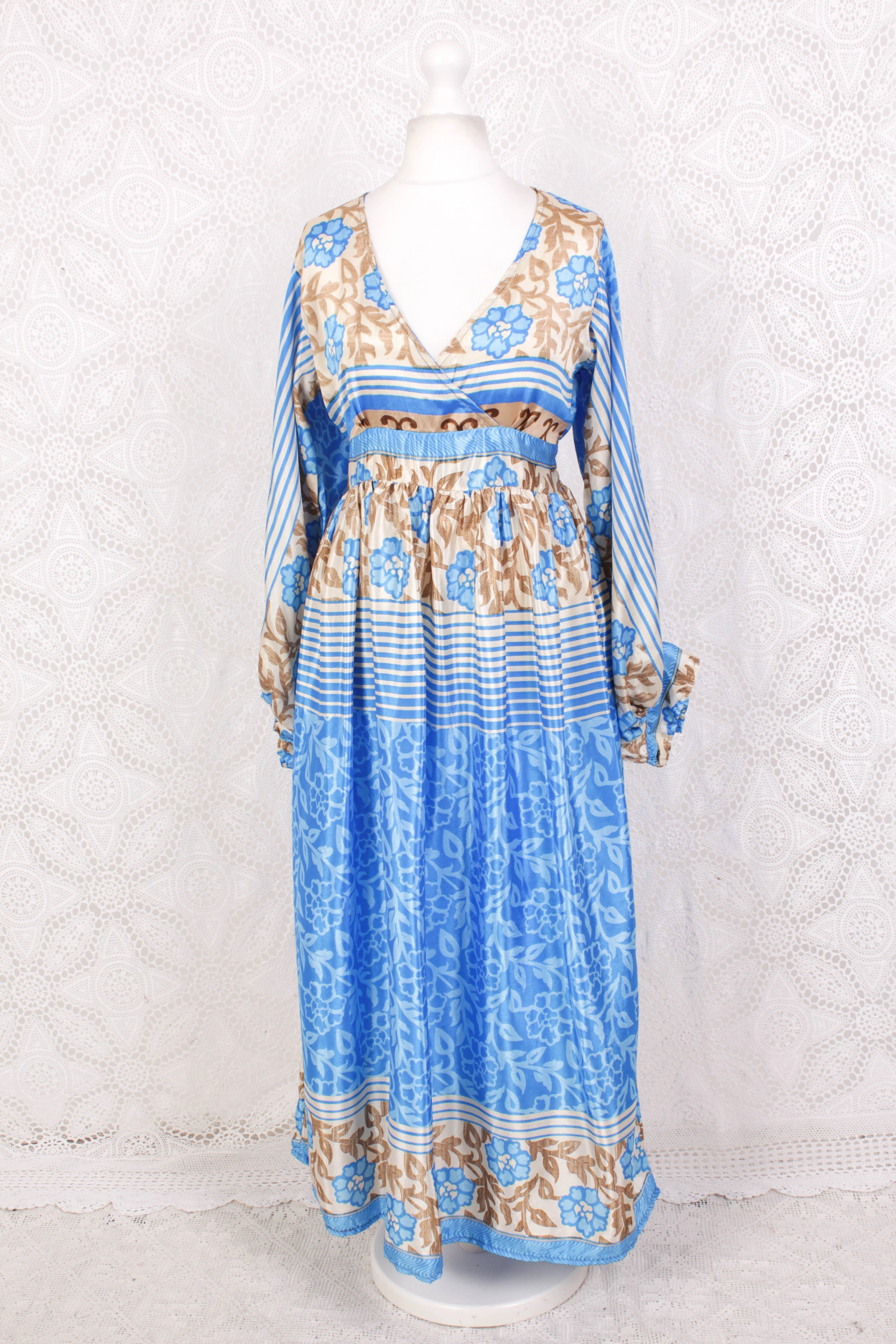 Rosemary Maxi Dress - Vintage Indian Sari - Summer Ocean & Beige Floral - S/M - Image 2
