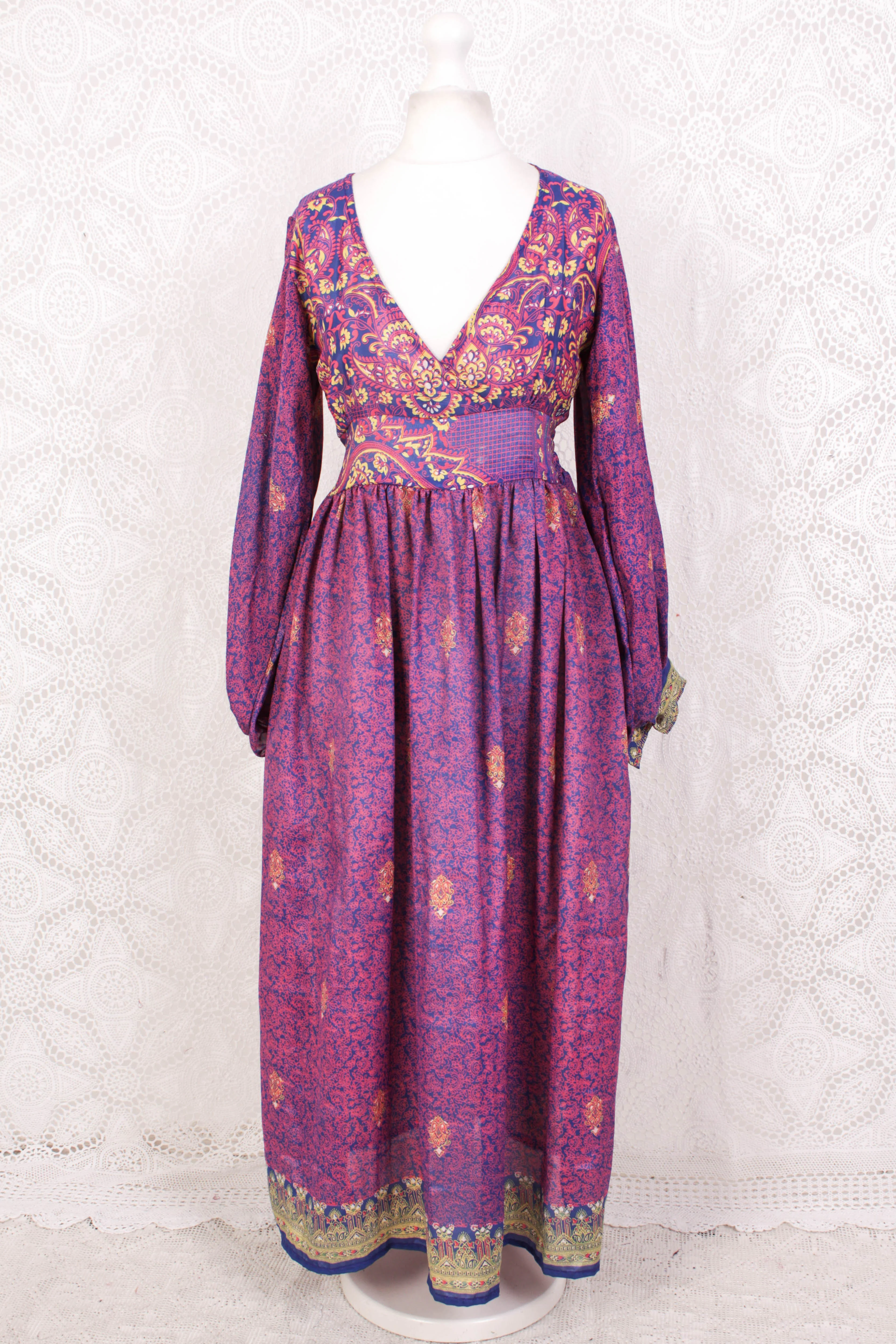 Rosemary Maxi Dress - Vintage Indian Sari - Steely Blue & Electric Coral Floral Paisley - XS/S - Image 2
