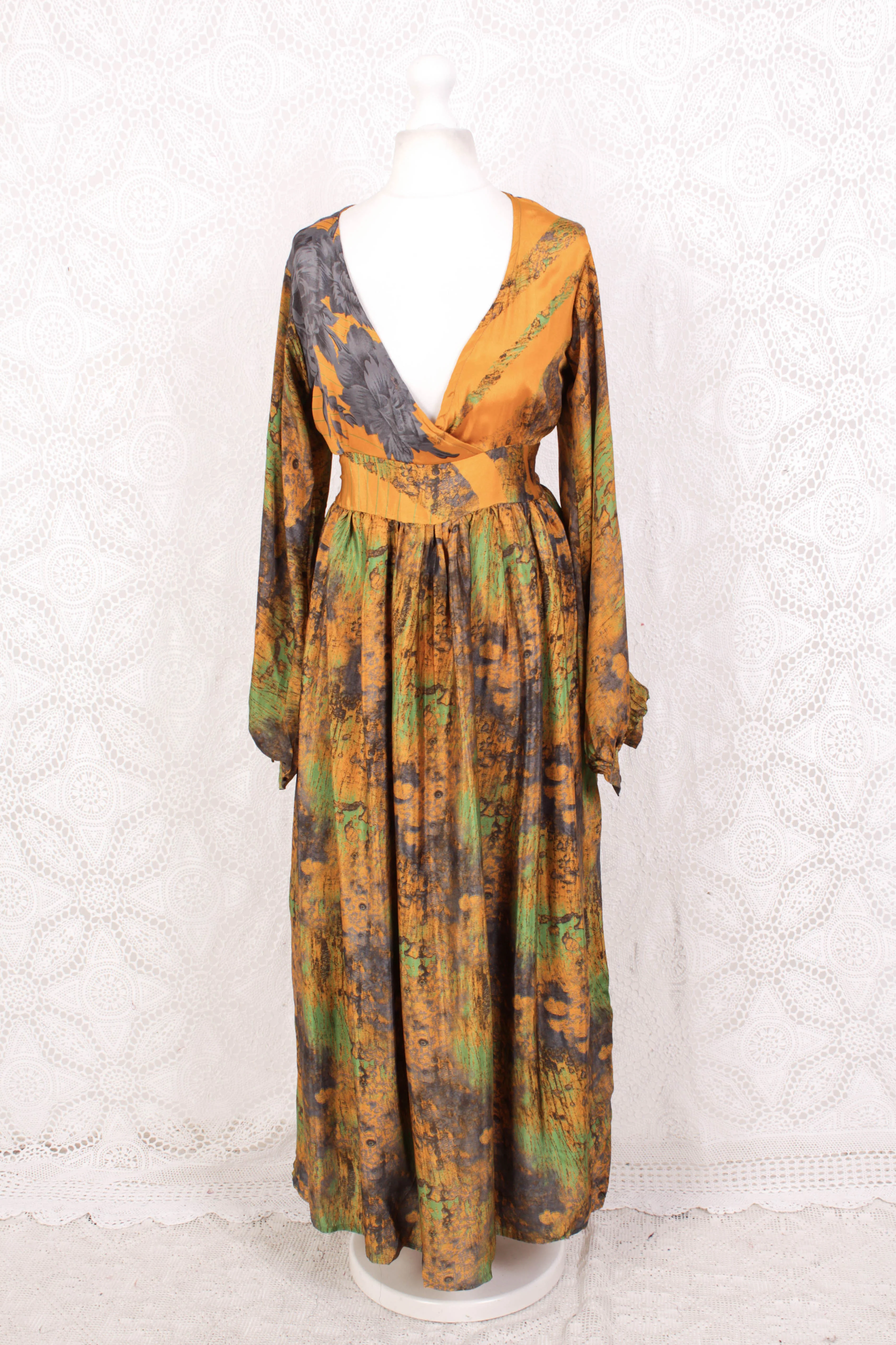 Rosemary Maxi Dress - Vintage Indian Sari - Mustard, Slate & Green Abstract -XS/S - Image 2