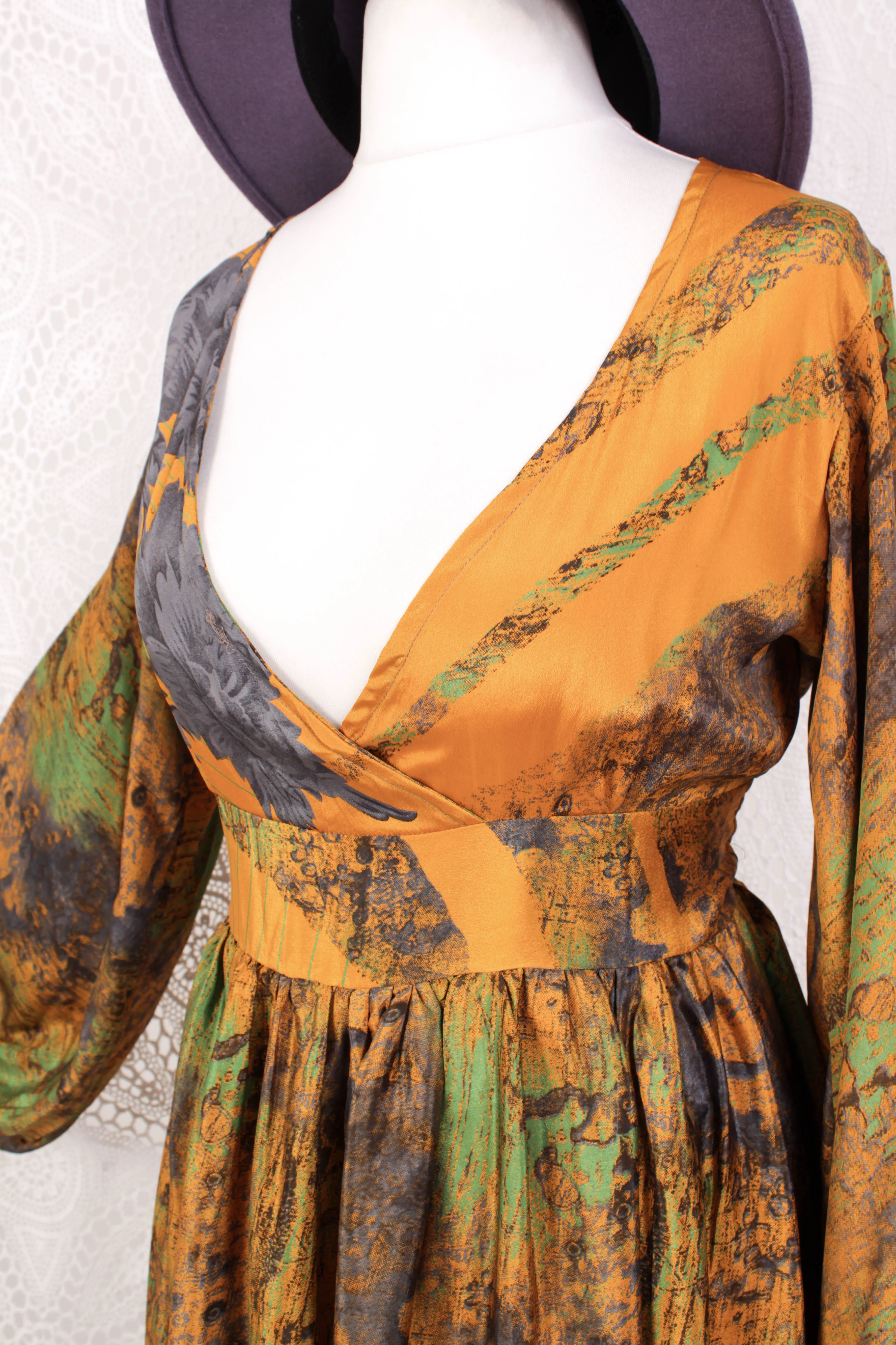 Rosemary Maxi Dress - Vintage Indian Sari - Mustard, Slate & Green Abstract -XS/S - Image 3