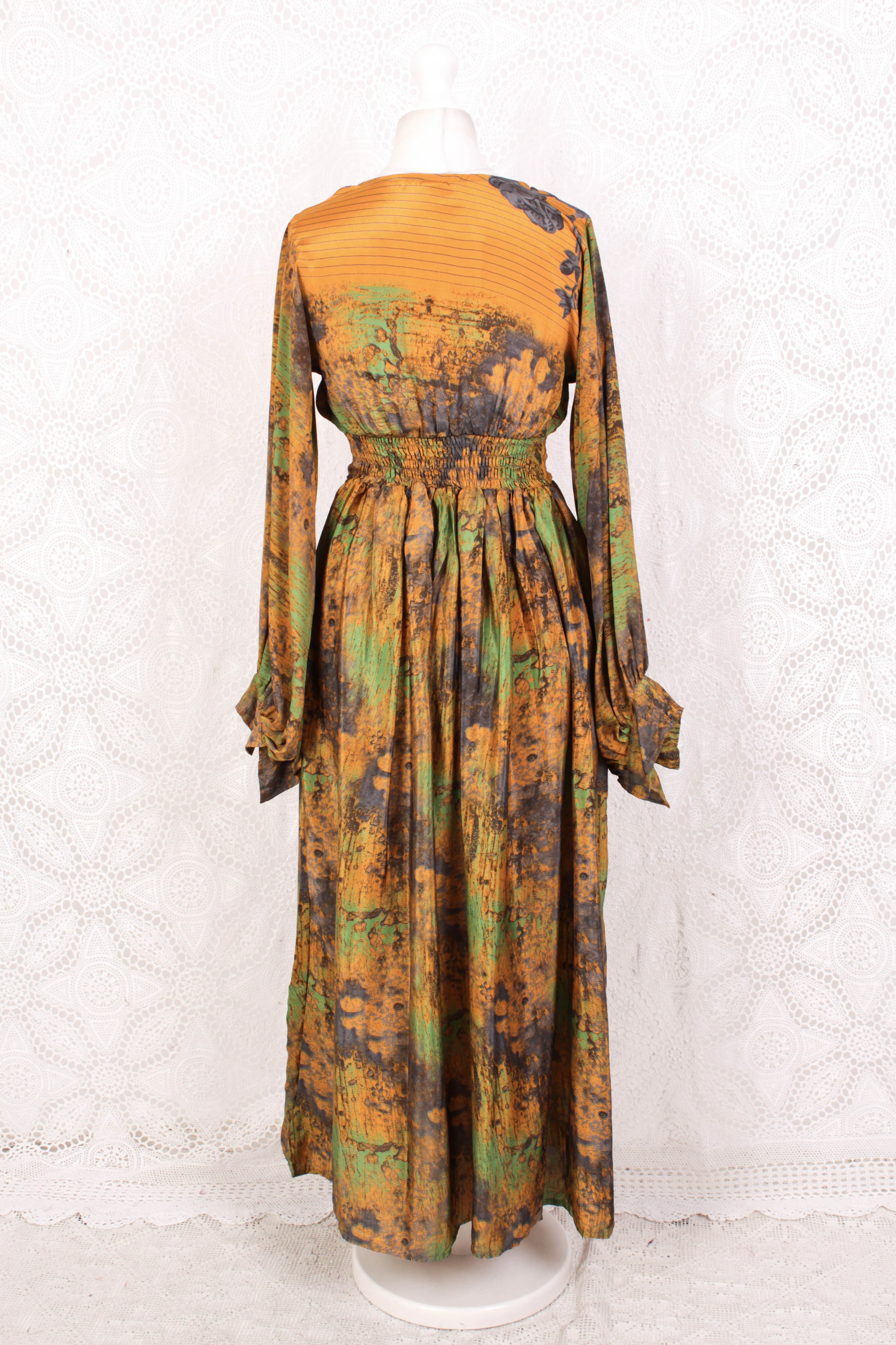 Rosemary Maxi Dress - Vintage Indian Sari - Mustard, Slate & Green Abstract -XS/S - Image 4