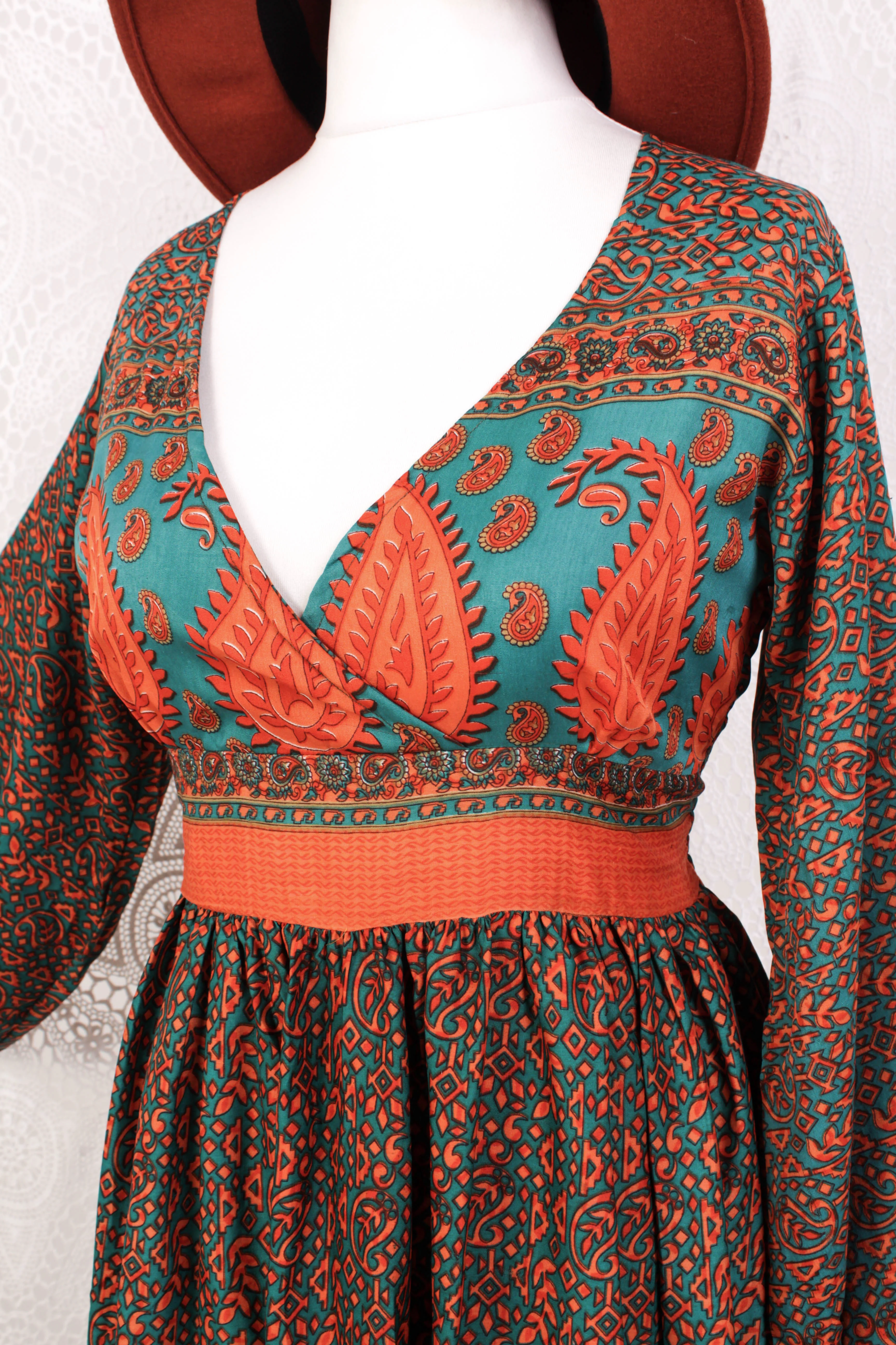 Rosemary Maxi Dress - Vintage Indian Sari - Jade & Cantaloupe Floral Paisley - XS/S - Image 3