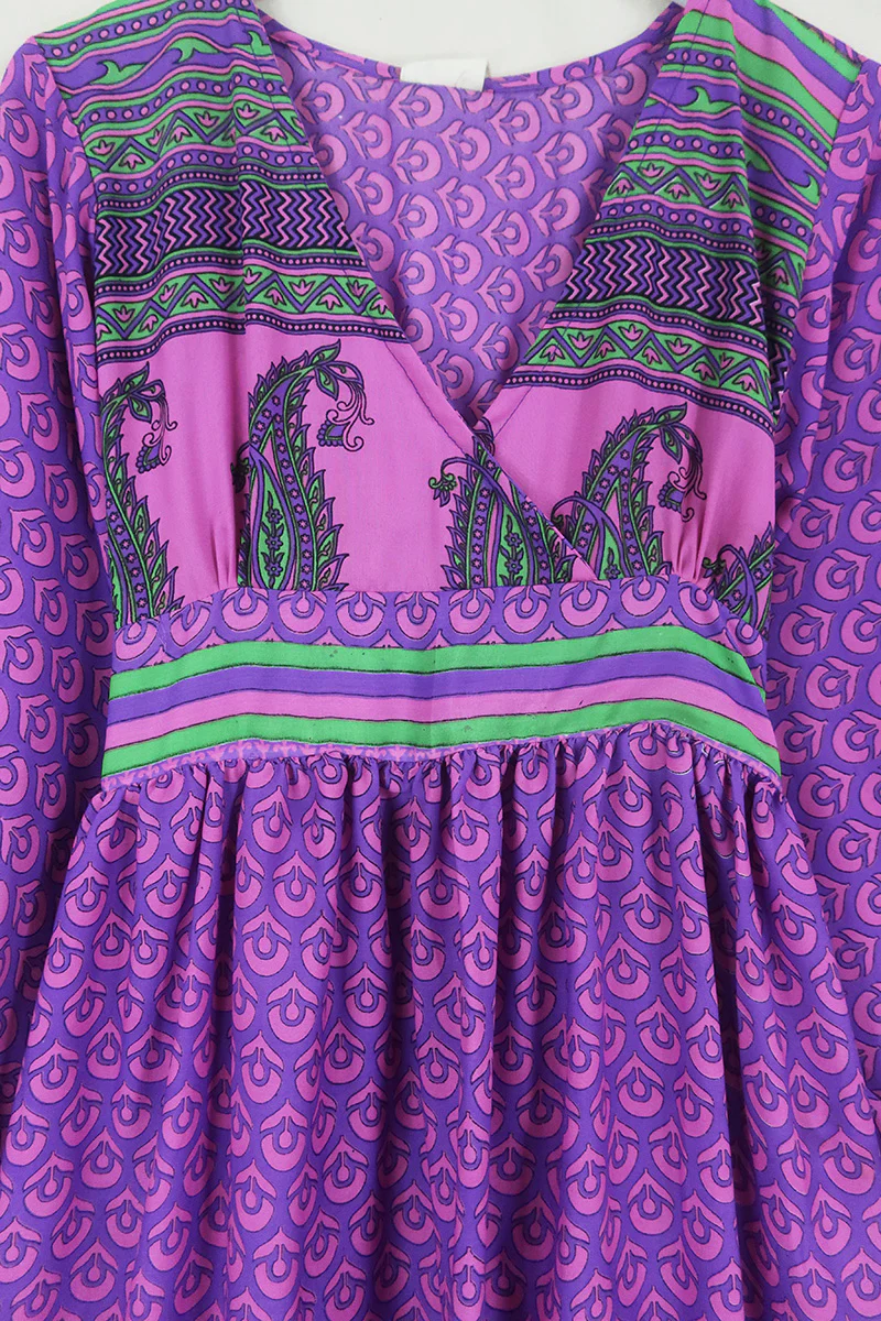 Rosemary Maxi Dress - Vintage Indian Sari - Fuchsia & Sapphire Flower Motif - Size XS/S - Image 2