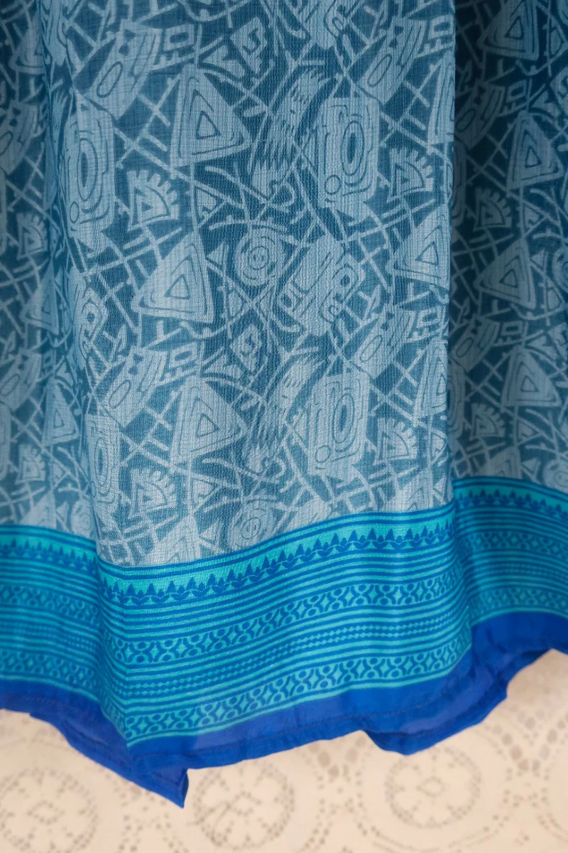 Rosemary Maxi Dress -Vintage Indian Sari - Ocean Blue Abstract Print - Size XXS - Image 4