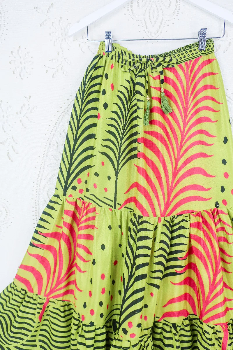 Rosie Maxi Skirt - Vintage Sari - Tropical Lime & Flamingo Pink Ferns - XS- S/M - Image 2