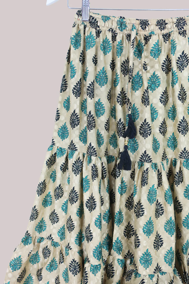Rosie Midi Skirt in Champagne & Teal Damask - Free Size - Image 2