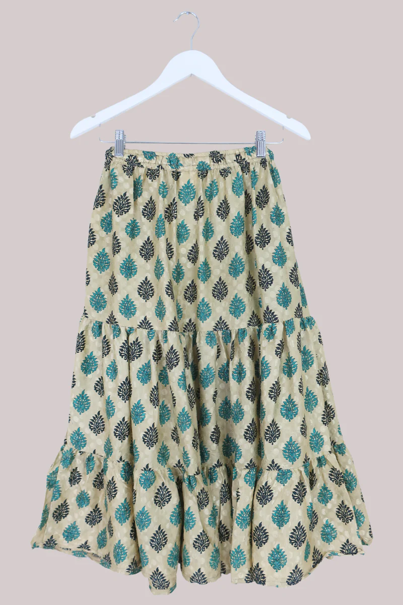 Rosie Midi Skirt in Champagne & Teal Damask - Free Size - Image 3