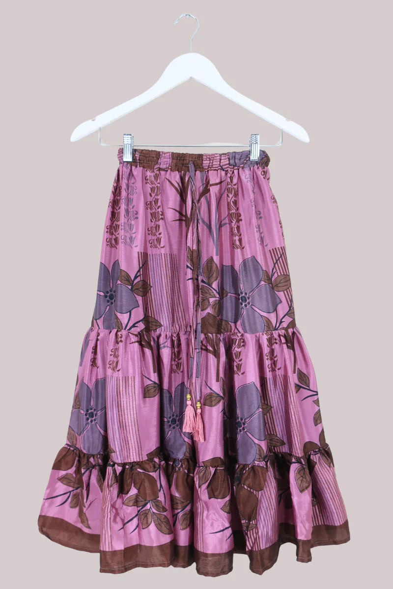 Rosie Midi Skirt in Deep Mulberry Florals - Free Size