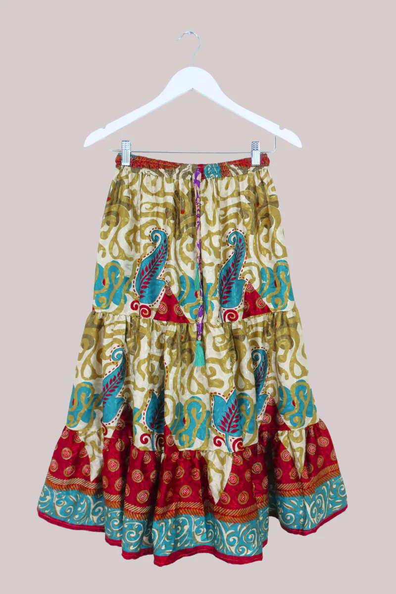 Rosie Midi Skirt in Olive, Teal & Garnet - Free Size