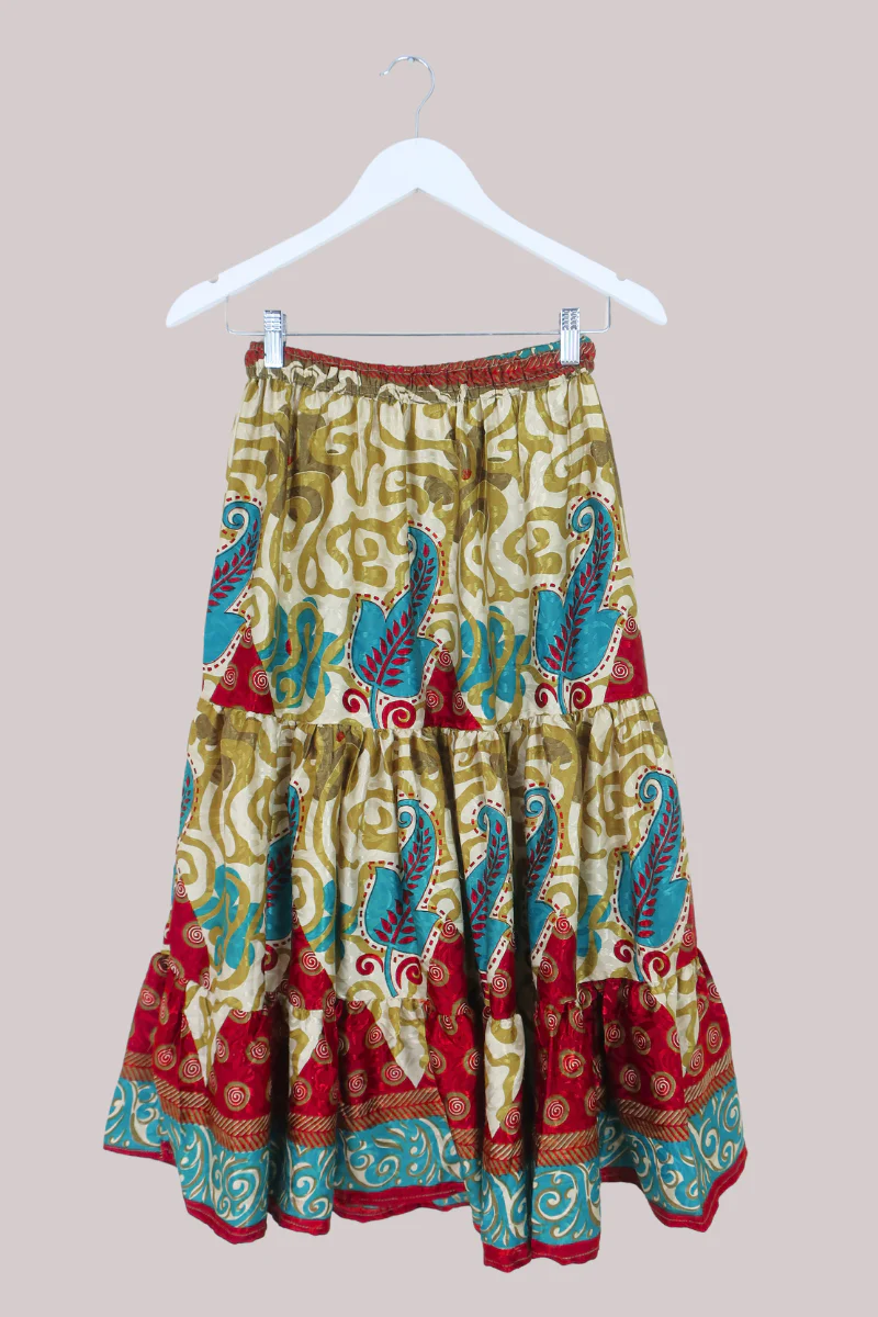 Rosie Midi Skirt in Olive, Teal & Garnet - Free Size - Image 3