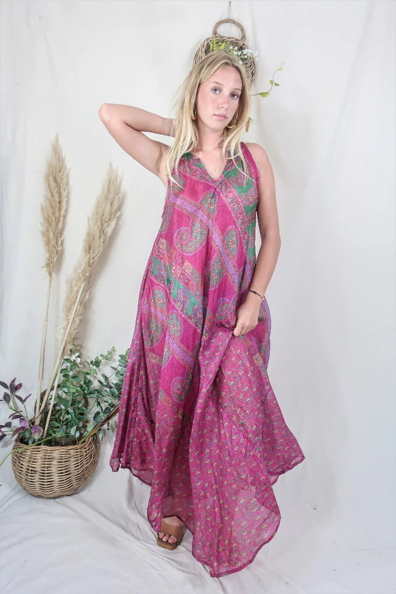 Siren Maxi Dress - Magenta and Moss Chevron Paisley - Vintage Indian Silk - M/L - Image 2