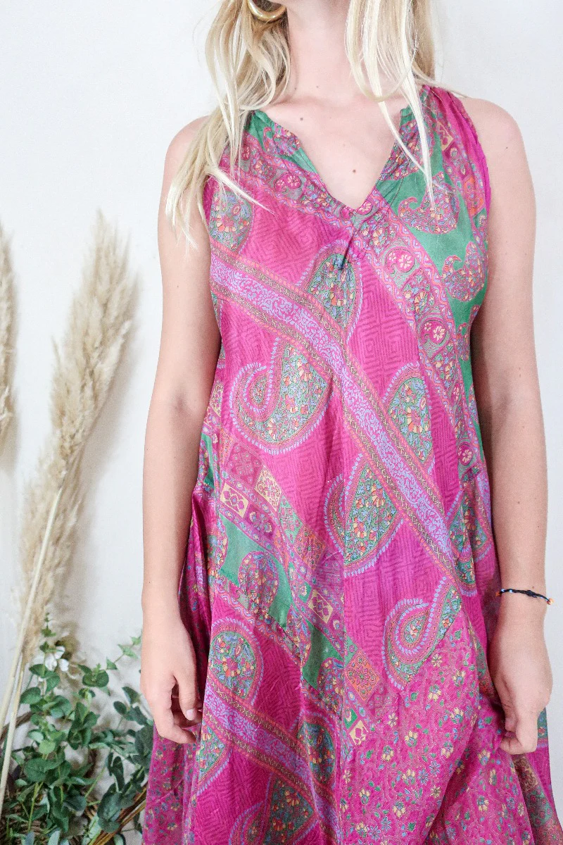 Siren Maxi Dress - Magenta and Moss Chevron Paisley - Vintage Indian Silk - M/L - Image 3