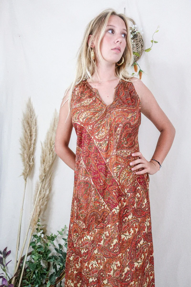 Siren Maxi Dress - Saffron and Lemon Ornate Paisley - Vintage Indian Silk - L - Image 2
