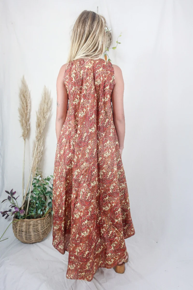 Siren Maxi Dress - Saffron and Lemon Ornate Paisley - Vintage Indian Silk - L - Image 3