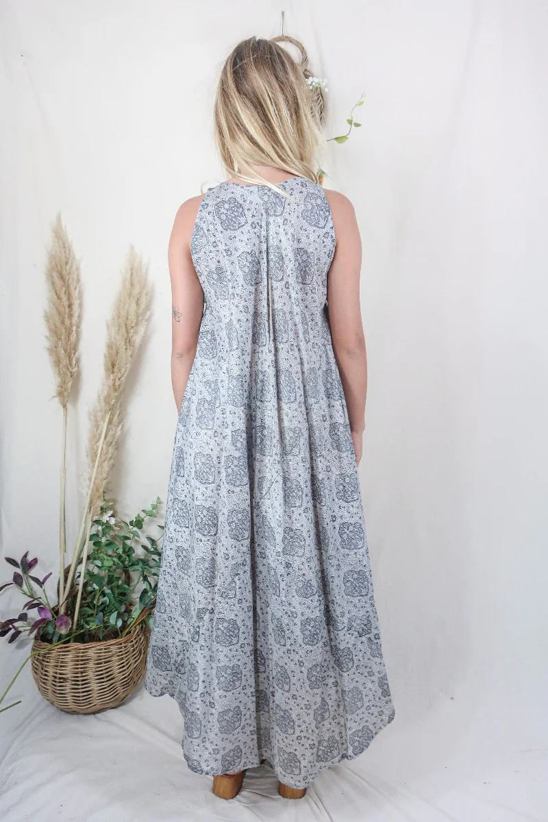 Siren Maxi Dress -  Slate and Ice Mandala Motif - Vintage Indian Silk - M/L - Image 3