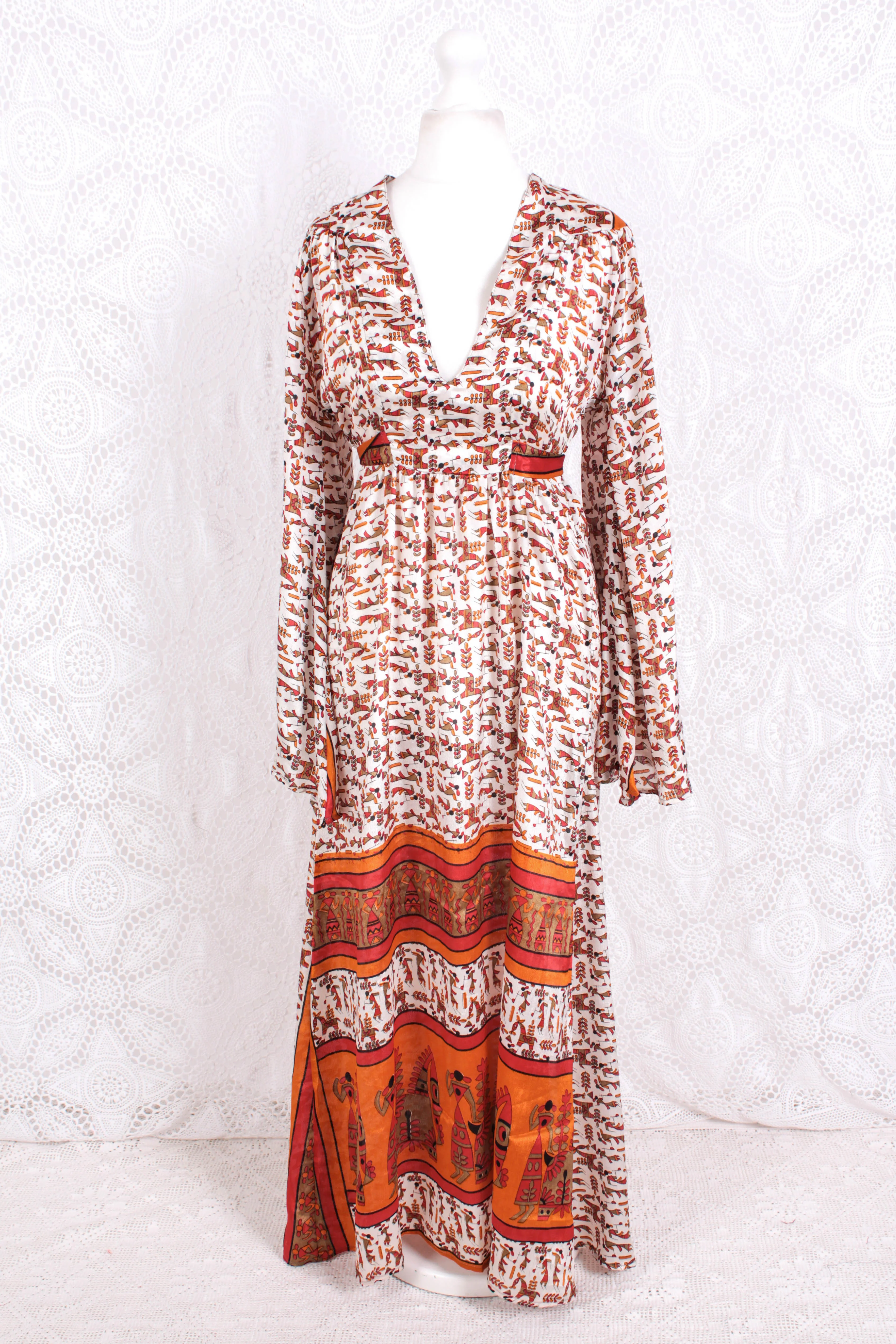 Stevie Maxi Dress - Vintage Indian Sari - Powder, Red & Amber Illustrations - XS - Image 2