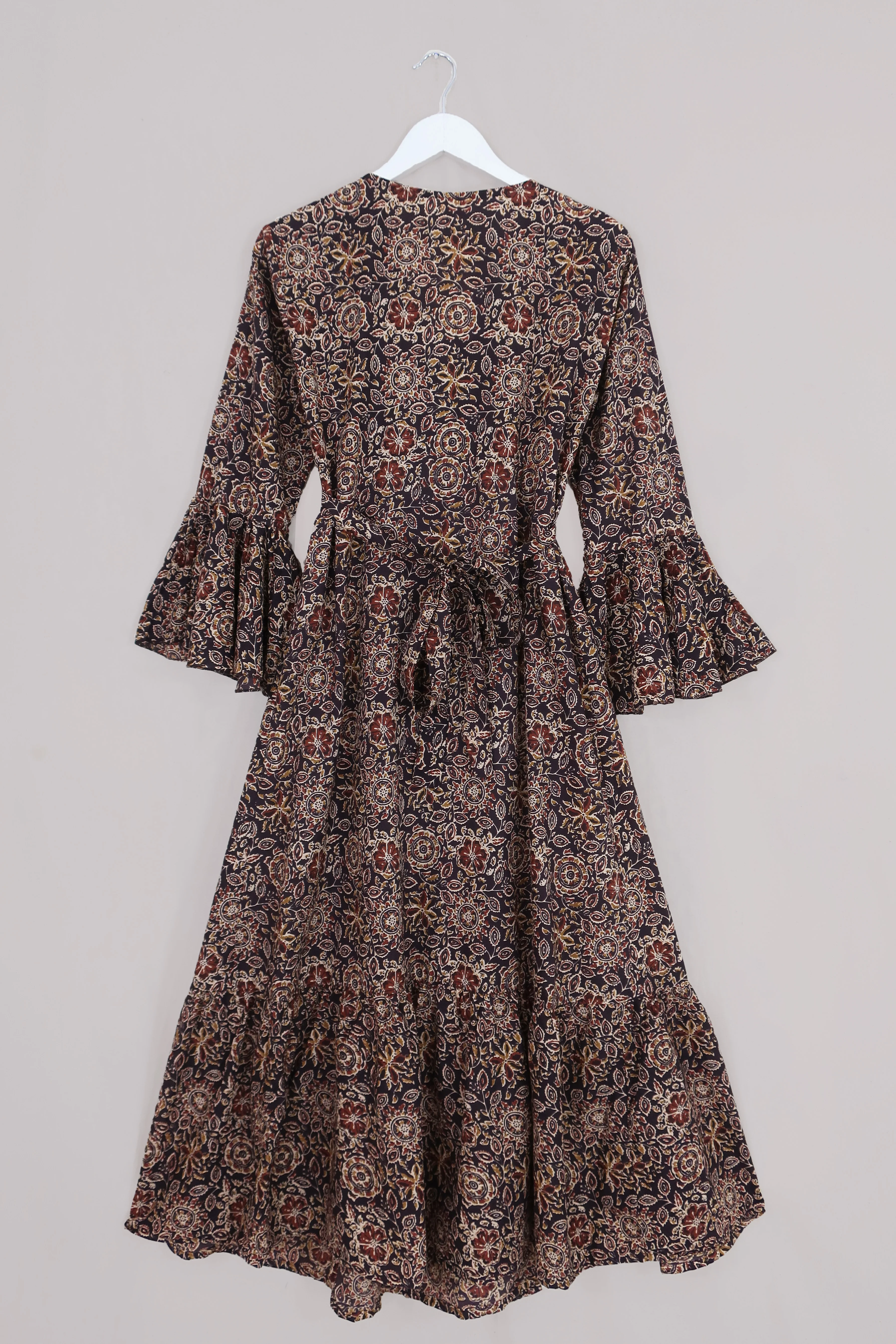 Sylvia Maxi Wrap Dress in Umber Brown Floral Block Print - Image 6