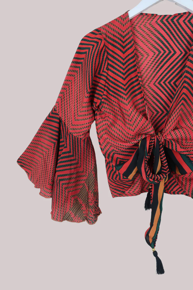 Sylvia Recycled Sari Wrap Top in Bright Ruby Zigzag - Size XS - Image 2