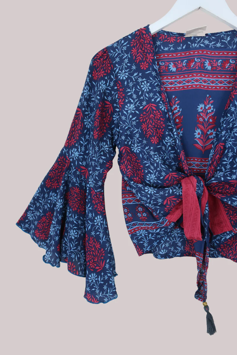 Sylvia Recycled Sari Wrap Top in Deep Sapphire & Garnet Florals - Size S/M - Image 2