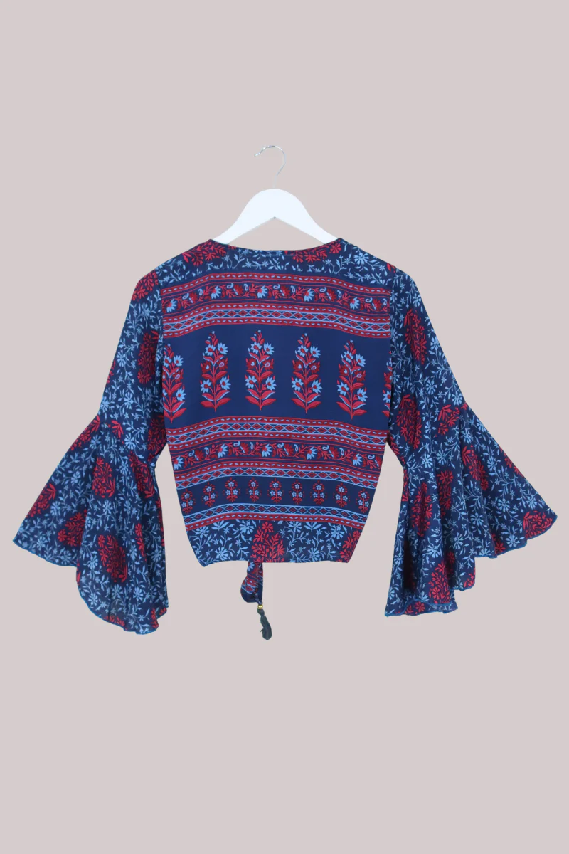 Sylvia Recycled Sari Wrap Top in Deep Sapphire & Garnet Florals - Size S/M - Image 3