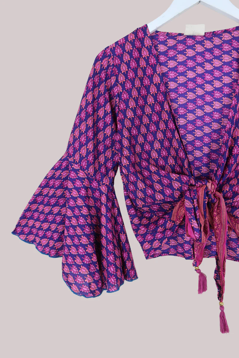 Sylvia Recycled Sari Wrap Top in Plum Wine Florals - Size XS - Image 2