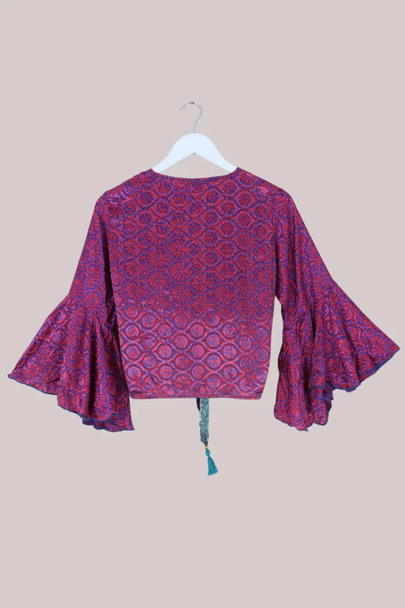 Sylvia Recycled Sari Wrap Top in Vibrant Magenta Florals - Size S/M - Image 3