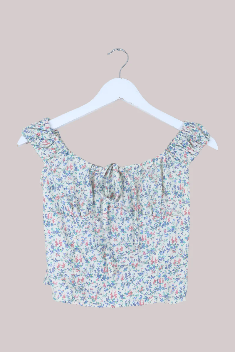 Taylor Vintage Curtain Bustier Crop Top in Snowbell White with Pastel Buds - Size XS - Image 2